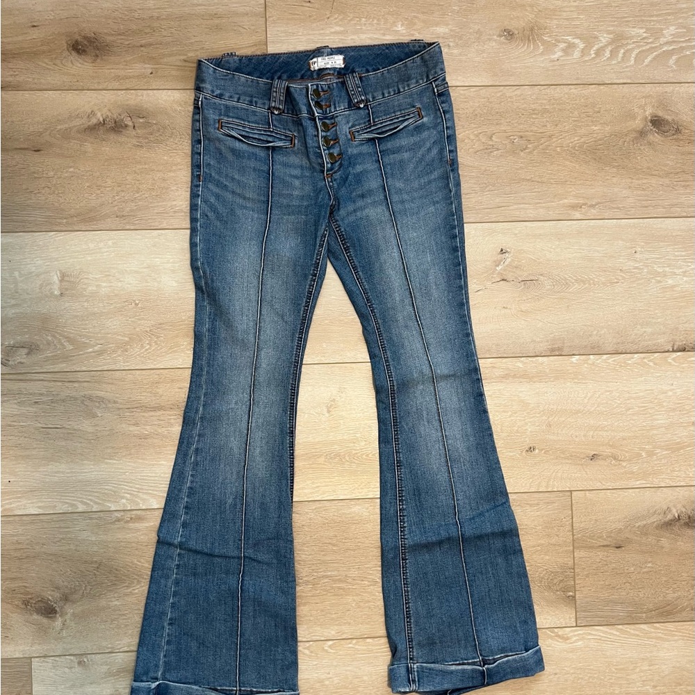 Free People Blue Flare Wide Leg Jeans -Low Rise